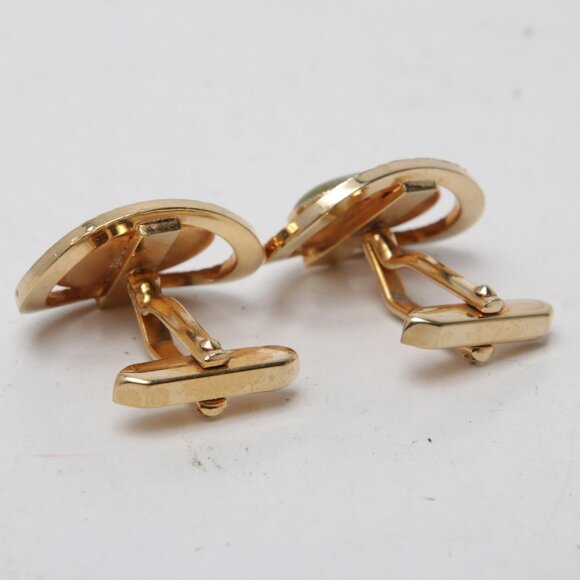 Vintage Gold Metal Green Stone Cufflinks Nested Jade Oval Retro Classic - Picture 5 of 5